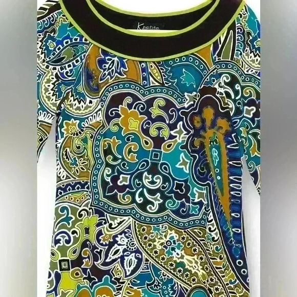 K Petite Collection Size 6 Shift Dress Chocolate Brown Paisley Long Sleeve - Picture 2 of 7